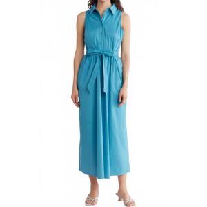Maggy London Tie Waist Stretch Cotton Shirtdress Cendre Blue NWT Size 4